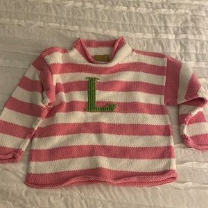 pink and white striped sweater with green L